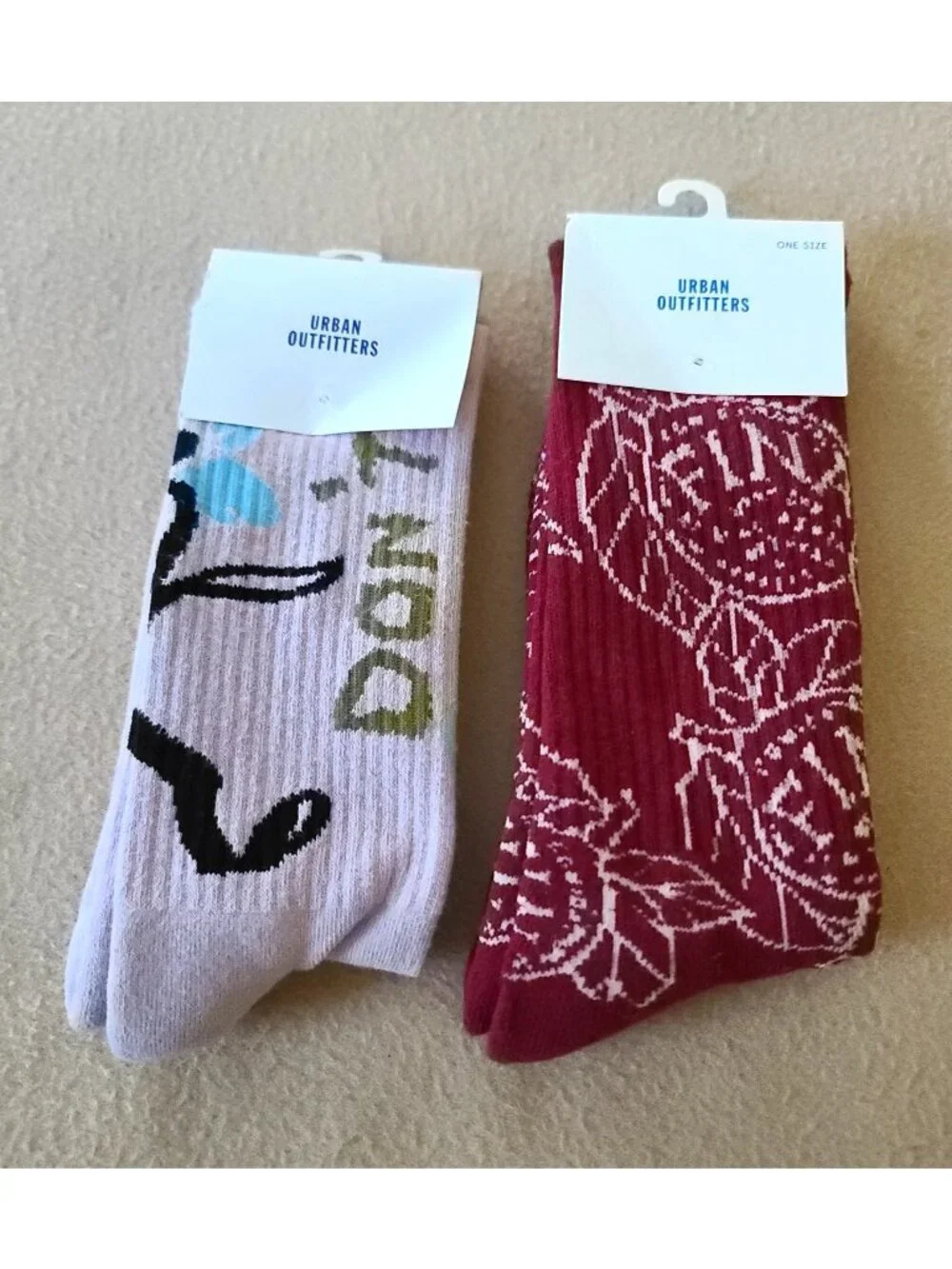 2 Pairs Urban Outfitters Crew Socks OS Unisex Floral Print + Dont Stress NEW